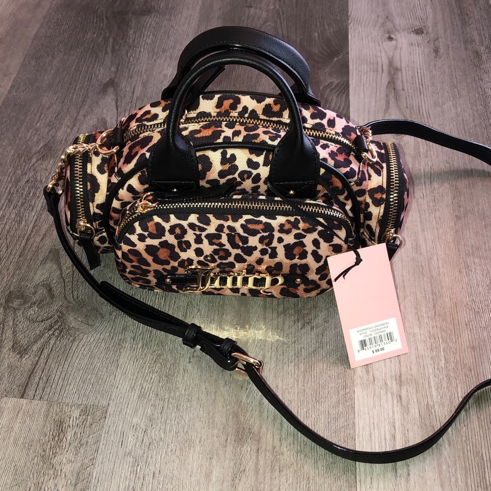 Juicy Couture Shopaholic Leopard Print Crossbody Bag Faux Leather Trim NWT